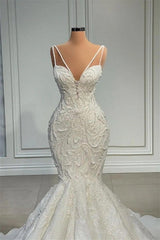 Mermaid Sweetheart Spaghetti strap Lace Floor-length Sleeveless Applique Beaded Wedding Dress