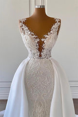 Mermaid V-neck Spaghetti strap Lace Floor-length Sleeveless Applique Beaded With Side Train Wedding Dress