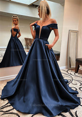 Formal Dresses Prom, A-line Off-the-Shoulder Sleeveless Satin Sweep Train Prom Dress With Pockets
