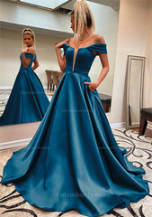 Formal Dresses Vintage, A-line Off-the-Shoulder Sleeveless Satin Sweep Train Prom Dress With Pockets