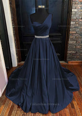 Formal Dressed Long, A-line One-Shoulder Sleeveless Satin Long/Floor-Length Prom Dress With Beading Pleated