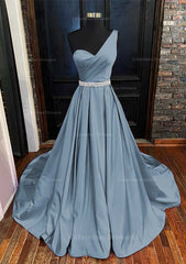 Formal Dress Long, A-line One-Shoulder Sleeveless Satin Long/Floor-Length Prom Dress With Beading Pleated