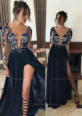 Party Dress And Style, Chiffon Long/Floor-Length A-Line/Princess Full/Long Sleeve Bateau Zipper Up At Side Prom Dress With Appliqued