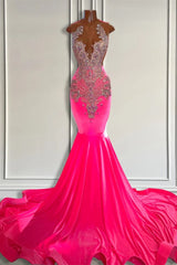 Sleeveless Velvet Mermaid Style Dress with Beadings in Pink Barbie Color