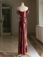 Enkel off -axel paljett Bourgogne Long Prom Dress, Bourgogne Long aftonklänning