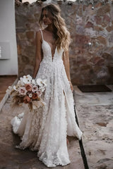 A-Line V Neck Lace Prom-jurk met gesplitste trouwjurk