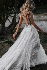 A-line V Neck Lace Prom Dress With Split Wedding Dress
