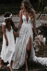A-line V Neck Lace Prom Dress With Split Wedding Dress
