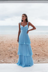 A-line Wide Straps Blue Sleeveless Floor Length Prom Dress,Blue Bridesmaid Dress