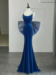 Enkel sammet blå sjöjungfru lång prom klänning, rygglös sammetblå aftonklänning