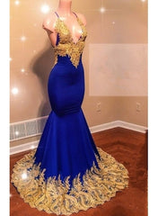 Appliques Spaghetti Sleeveless V-neck Mermaid Prom Dresses
