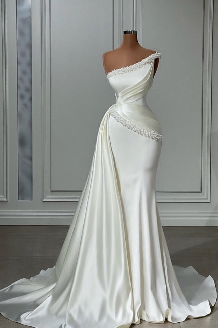 Chic Sleeveless Wedding Gowns With Beads Long White One Shoulder