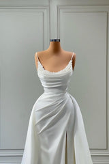 Modern White Spaghetti Straps Wedding Gowns With Beads Long
