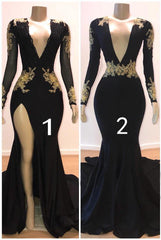 Beautiful V-Neck Long Sleevess Appliques Mermaid Floor-Length Prom Dresses