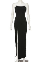 Robe de fête noire, magnifique robe de bal de sirène spaghetti-straps long avec des robes de soirée divisées