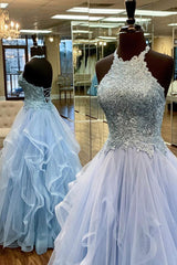 Baby Blue Prom Dress A Line Halter Long Party Evening Dress with Appliques Open Back