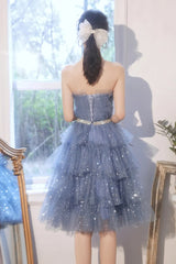 Blauwe tule -pailletten Korte Homecoming Dress Party -jurk