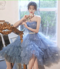 Blauwe tule -pailletten Korte Homecoming Dress Party -jurk