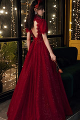 Viininpunainen pitsi pitkä linja prom -mekko muodollinen mekko