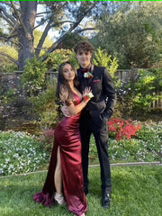 Burgundy Mermaid Long Prom Dress V Neck Party Dress With Spalit