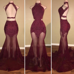 Burgundy Sheer-Tulle Lace-Appliques High-Neck Mermaid Prom Dresses