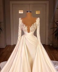 Chic A-Line Cathedral V-Neck Long Wedding Dress With Long Sleeves