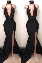 Chic Black High Neck Lace Front Split Mermaid Prom Party Gowns