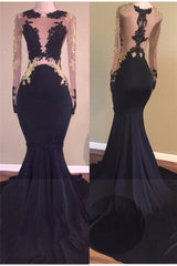 Chic Black Long-Sleeve Lace Mermaid Zipper Prom Party Gowns