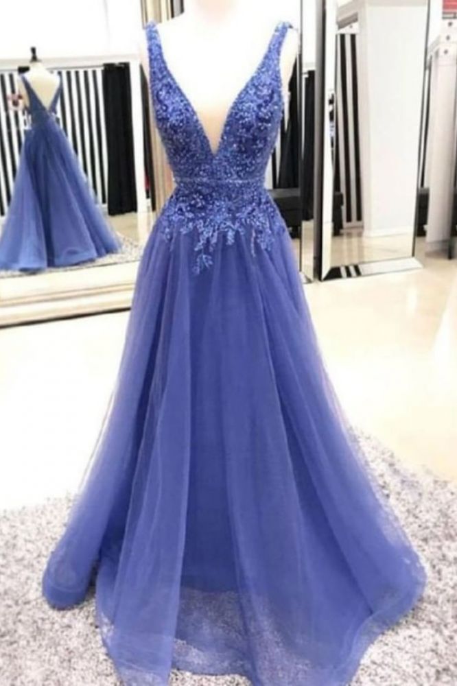 Chic Deep V-neck Straps Long Prom Party Gowns| Exquisite Lace Beading Prom Gown