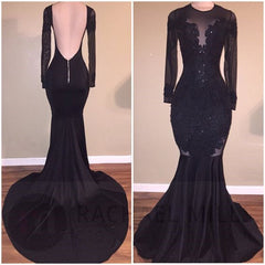 Chic Mermaid Black Long-Sleeves Backless Appliques Prom Party Gowns