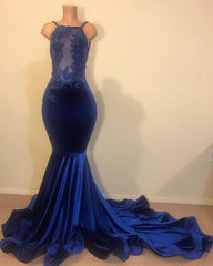 Chic Mermaid Spahgetti-Straps Openback Velvet Applique Prom Party Gowns