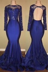 Chic Open Back Royal Blue Real Model Prom Dresses Lace Long Sleeves Mermaid Evening Gown