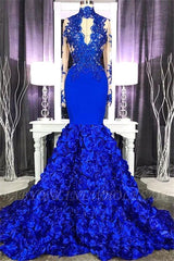 Chic Royal Blue Keyhole Flowers Train High neck Mermaid Prom Party Gowns