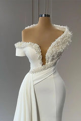 Chic V-neck Off-the-shoulder Beading Sleeveless Mermaid Bridal Dress