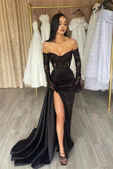 Классные длинные черные отключенные кружевные русалки с длинными рукавами вечерние платья для вечеринок длинная щель онлайн