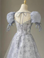 Симпатична квіткова друкована довга випускна сукня Лінійна пухирчаста рукава синя вечірок