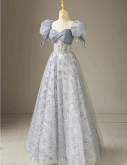 Симпатична квіткова друкована довга випускна сукня Лінійна пухирчаста рукава синя вечірок