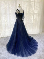 Donkerblauwe tule pailletten Long prom kleedt een lijn verjaardagsfeestjurken aan