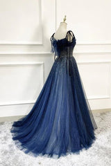 गहरे नीले रंग की ट्यूल सेक्विन लॉन्ग प्रोम ड्रेसेस एक लाइन बर्थडे पार्टी ड्रेस