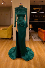 Dark Green Beadings Pearl Long Sleeves Evening Gowns Mermaid Prom Dress With Slit