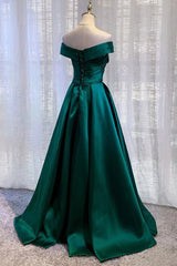 गहरे हरे रंग की लंबी प्रोम ड्रेस सुरुचिपूर्ण एक लाइन ऑफ द कंधे पार्टी शाम की पोशाक