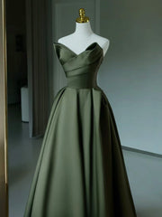 فستان طويل على شكل حرف A من الساتان باللون الأخضر، فستان رسمي طويل أخضر