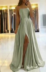 Dusty Sage Spaghetti-Straps Long Prom Dress With Slit Online