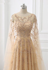 Elegant Jewel Long Sleevess Ruffle Prom Dresses with Beadings On Sale