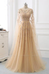 Elegant Jewel Long Sleevess Ruffle Prom Dresses with Beadings On Sale