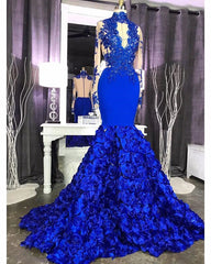 Elegant Long Sleeves Lace Appliques Prom Party Gowns on Sale Fit and Flare Royal Blue Floral Prom Party Gowns with Keyhole