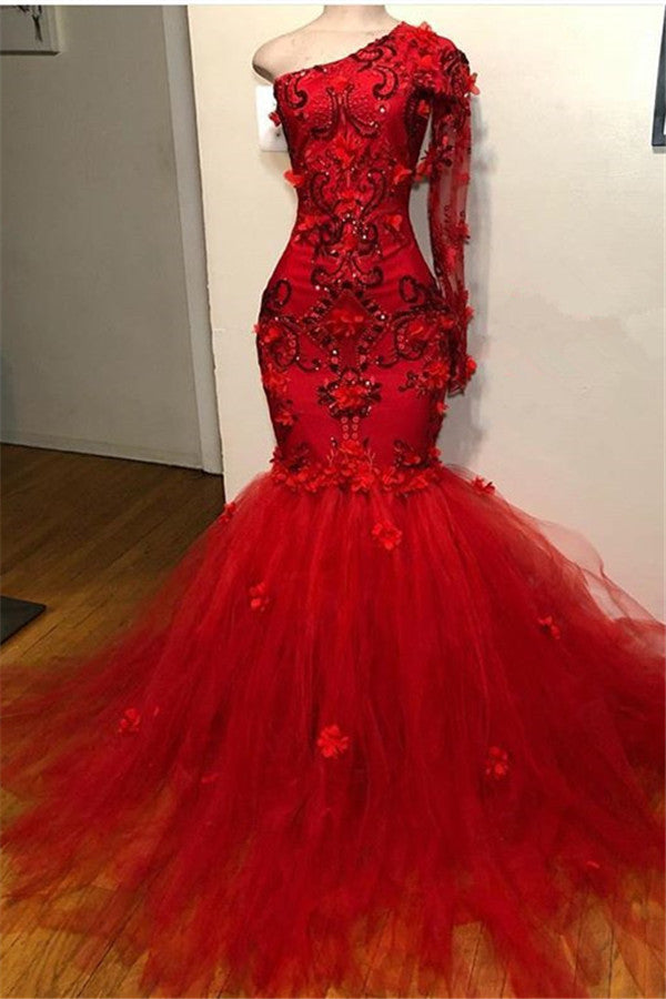 Elegant Red One-Shoulder Long-Sleeves Appliques Mermaid Prom Party Gowns