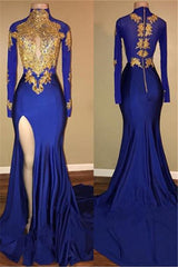 Elegant Royal Blue Prom Party GownsMermaid Long Sleeves With Appliques