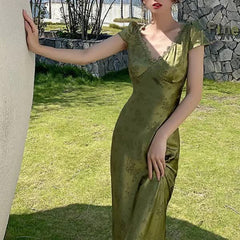 Elegant kvinder grøn satin rygfri mixi kjole palads kortærmet blonder v-hals bandage vintage bodycon aften kjole