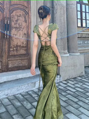 Elegante kvinner grønn satin ryggløs mixi dress palass kort ermet blonder v-hals bandasje vintage bodycon kveldskjole